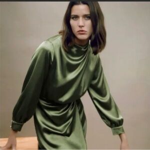 ZARA Long Sleeve Satin Pleated Olive Green Mini Dress
